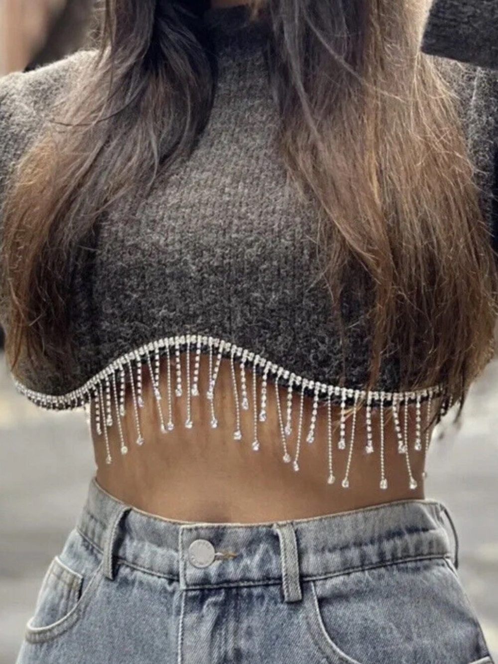 Zara Marl Rhinestone Fringe Cropped Sweatshirt
